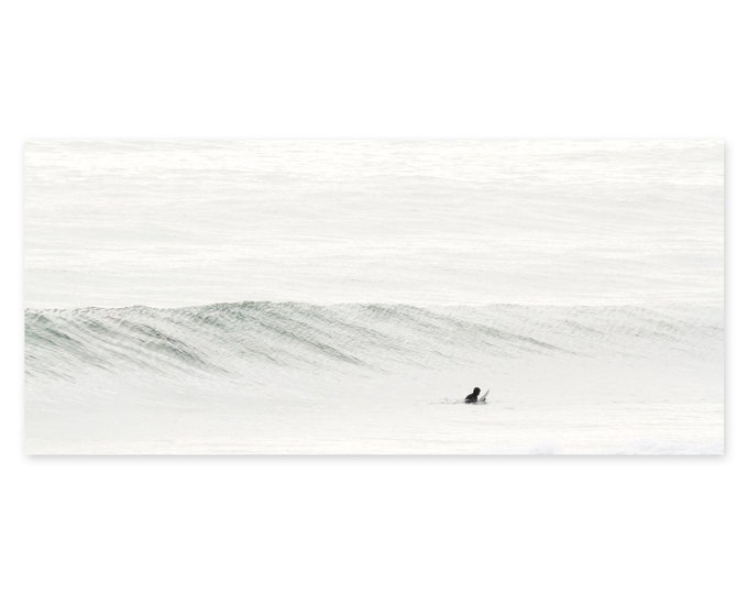 Surfing Photography Panoramic Fine Art Print - Minimalist Framed Surf Art - Large Canvas Wall Art - Man Cave Decor - Surfer and Ocean Wave