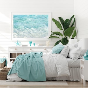 Turquoise water art print by Cattie Coyle Photography in bedroom. All rights reserved.