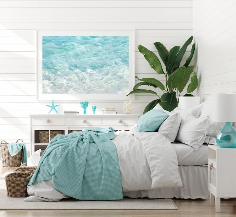 Turquoise water art print by Cattie Coyle Photography in bedroom. All rights reserved.