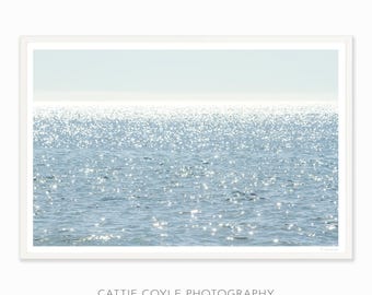 Sun Glitter - Blue Ocean Water Photography Art Print - Horizontal Beach House Wall Decor - Large Framed Sunbursts Wall Art