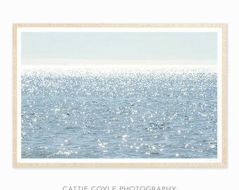 Sun Glitter - Blue Ocean Water Photography Art Print - Horizontal Beach House Wall Decor - Large Framed Sunbursts Wall Art