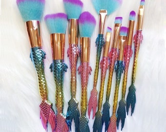 10Pcs Mermaid Makeup Brush Set Fish Tail Foundation Powder Eyeshadow Make up Brushes Contour Blending Cosmetic Brushes
