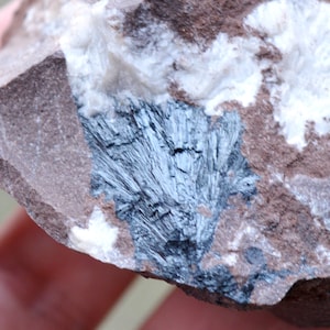 May include: A close-up of a rock with a blue-grey mineral deposit. The mineral has a feathery, fibrous texture. The rock is also covered in white and brown patches.