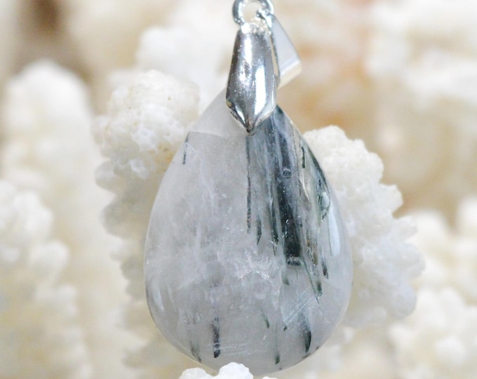 Quartz & Tourmaline verte var. Verdelite 24 carats - pendentif cabochon pierre naturelle - Minas Gerais, Brésil / FW43