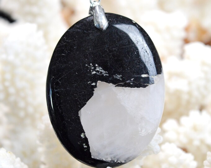 Quartz & tourmaline noire 159 carats - pendentif cabochon pierre naturelle - Brésil // CP82