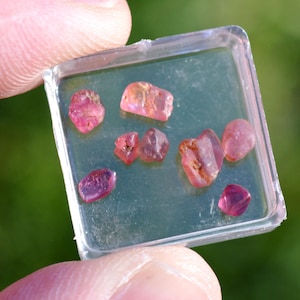 Peut inclure: Un petit récipient en plastique rempli de pierres précieuses roses et rouges. Les pierres précieuses sont de formes et de tailles variées.