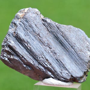 Op de afbeelding: Close-up van een donkergrijs mineraalmonster met een gelaagde, gestreepte textuur. De steen heeft een metallic glans en staat tegen een vage groene achtergrond. Het mineraal staat op een heldere, rechthoekige standaard.
