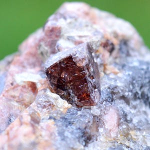 May include: A close-up of a dark red, faceted crystal embedded in a matrix of white and grey rock. The crystal has a sharp, geometric shape and is surrounded by smaller, less defined crystals.