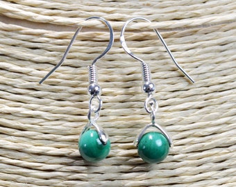 Malachite - 6mm pearl dangling earrings - 925 silver