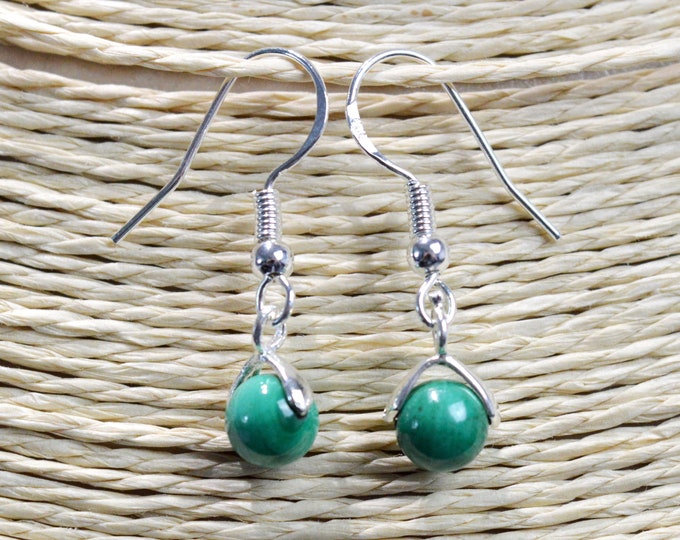 Malachite - 6mm pearl dangling earrings - 925 silver