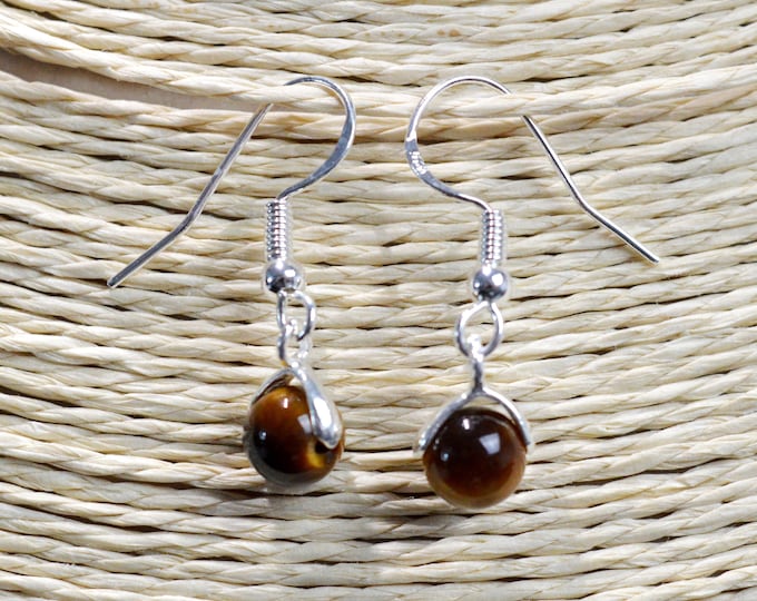 Tiger's eye - 6mm pearl dangling earrings - 925 silver