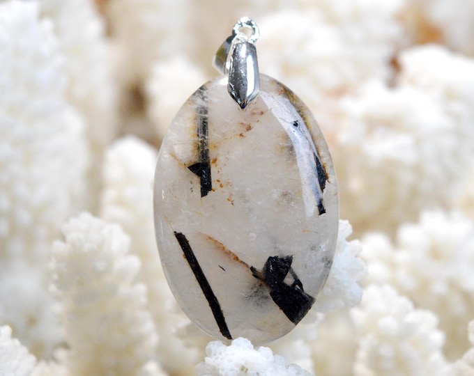 Quartz & tourmaline noire 53 carats - pendentif cabochon pierre naturelle - Pakistan / FQ24