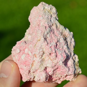 May include: A hand holds a rough, textured rock formation. The rock is primarily pink with areas of white and tan. The background is a blurred green, suggesting an outdoor setting. The rock's surface is uneven and appears natural.
