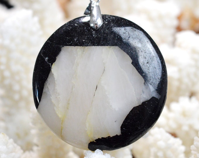 Quartz & tourmaline noire 155 carats - pendentif cabochon pierre naturelle - Brésil // CP81