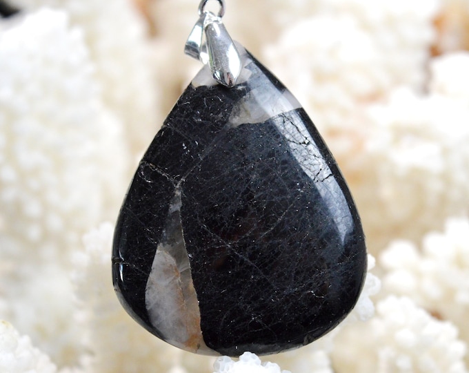 Quartz & tourmaline noire 87 carats - pendentif cabochon pierre naturelle - Brésil // CQ4