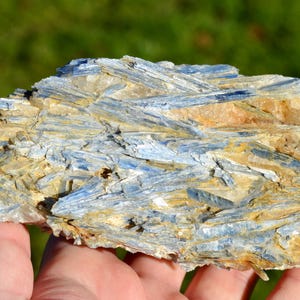 Può includere: Un esemplare grezzo e naturale di cianite. La pietra presenta un aspetto a strati con sfumature blu, grigie e beige. La cianite ha una struttura cristallina, con formazioni allungate a forma di lama. Lo sfondo è verde sfocato.