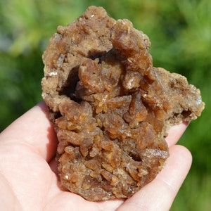 Könnte beinhalten: Ein raues, braunes Mineralexemplar mit Clustern aus bernsteinfarbenen Kristallen. Die Kristalle haben eine strahlenförmige, sternartige Formation. Das Mineral wird in einer Hand vor einem verschwommenen grünen Hintergrund gehalten.
