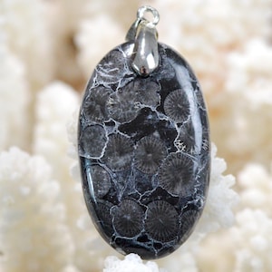 May include: Oval-shaped pendant with a polished black stone featuring a unique pattern of circular, fossil-like designs in shades of gray and white. The pendant has a silver-colored bail for attaching to a chain.