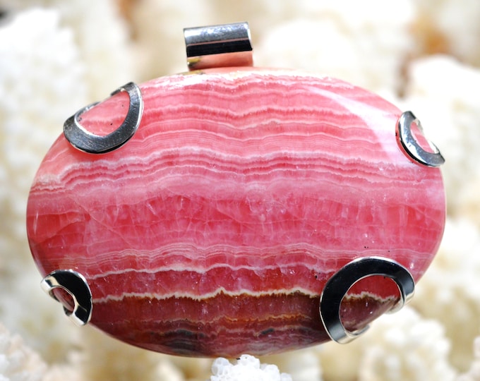 Rhodochrosite 238 carats - pendentif cabochon pierre naturelle - Argentine -  Argent 925 // Ref F75