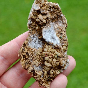 Peut inclure: Gros plan sur une formation rocheuse avec des cristaux blancs et bruns incrustés dans une matrice brune. La roche est rugueuse et texturée, avec des cristaux de formes et de tailles variées.