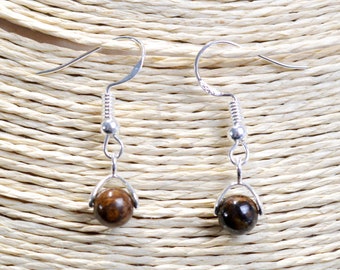 Bronzite - 6mm pearl dangling earrings - 925 silver