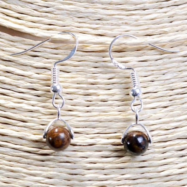 Bronzite - Boucles d'oreilles pendante perle 6mm - argent 925