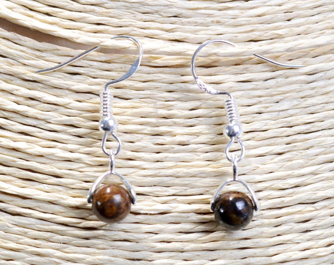 Bronzite - 6mm pearl dangling earrings - 925 silver