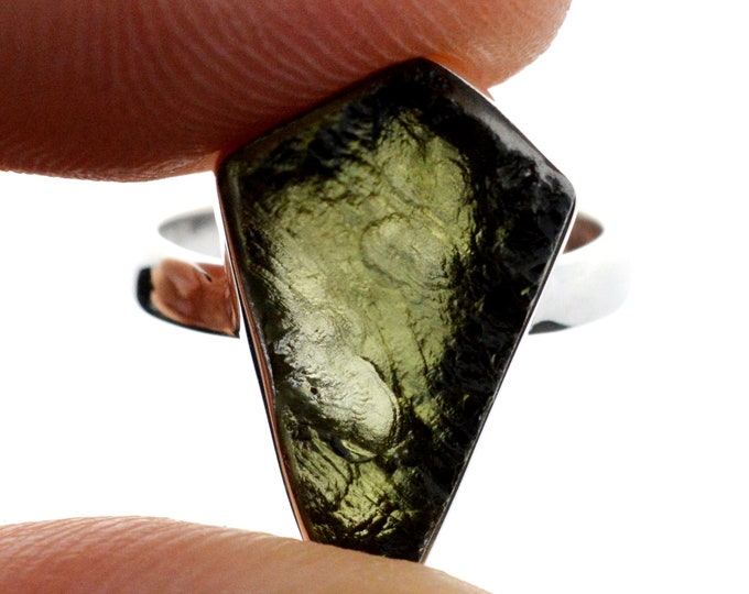 Moldavite - US5.5 / UE50 - 18 carats - Bague pierre naturelle - République Tchèque - Argent 925