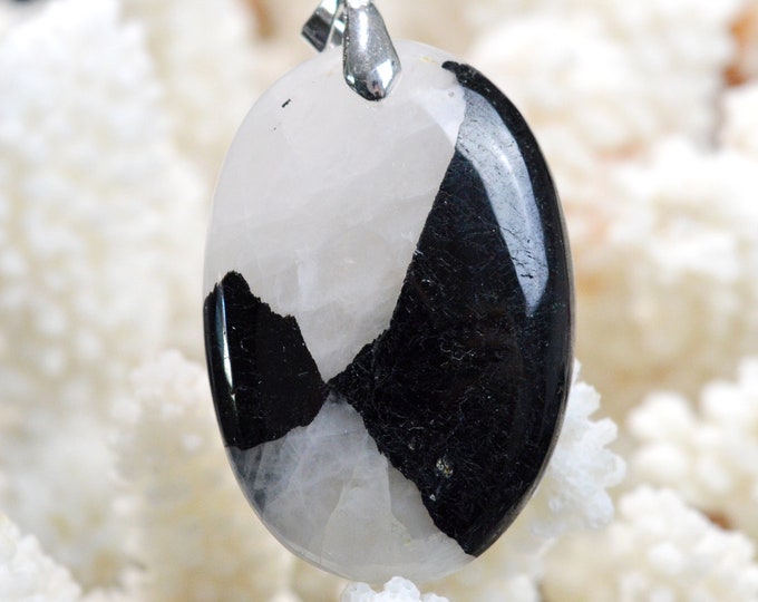 Quartz & tourmaline noire 106 carats - pendentif cabochon pierre naturelle - Brésil // CP93