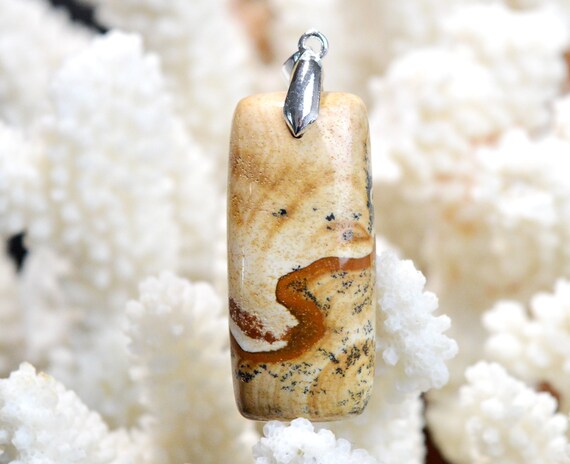Pendentif Jaspe Paysage En Pierre Naturelle - Monture Laiton - Fait Main - Neuf