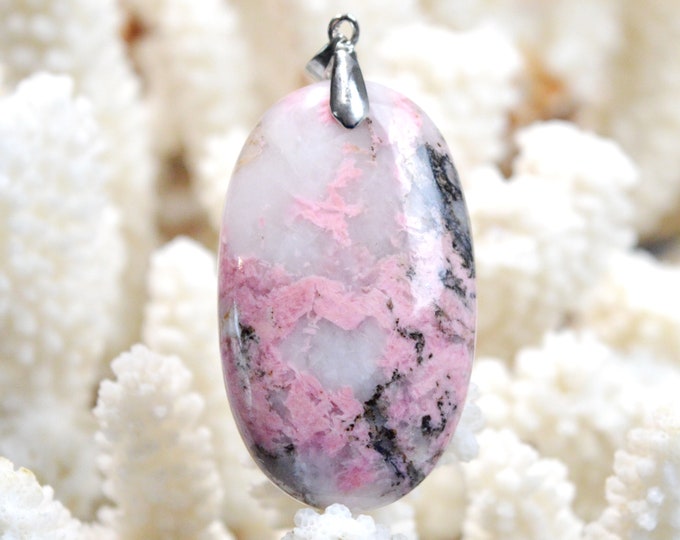 Rhodonite & Quartz 101 carats - natural stone cabochon pendant - Italy / FF67 - RARE