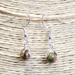 Unakite - 6mm pearl dangling earrings - 925 silver