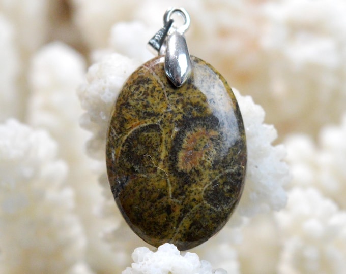 24 carat fossil coral - natural stone cabochon pendant - Indonesia /FQ42