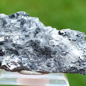 May include: A mineral specimen featuring a mix of grey, silver, and white crystalline structures. The rock sits on a clear, angled stand against a blurred green background.