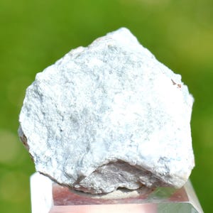 May include: A light blue, rough-textured rock sample. The rock has a crystalline appearance and sits on a clear, rectangular base. The background is a blurred green.