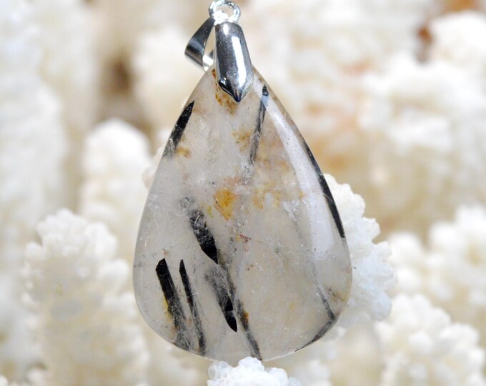 Quartz & tourmaline noire 41 carats - pendentif cabochon pierre naturelle - Pakistan / FQ26