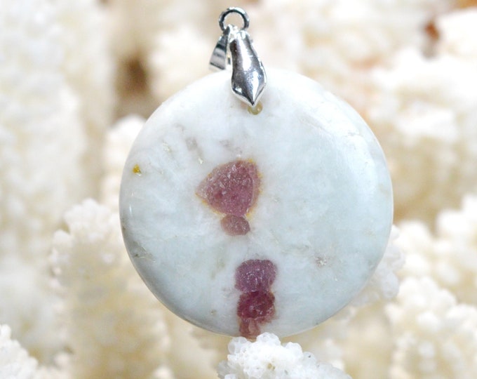 Quartz & pink tourmaline 66 carats - natural stone cabochon pendant - Taquaral, Brazil / EO38