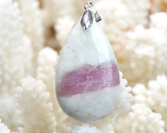 Quartz & pink tourmaline 70 carats - natural stone cabochon pendant - Taquaral, Brazil / EO36