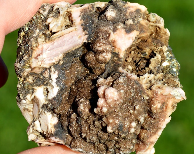 Rhodochrosite & Pyrite 340 grams - Madem-Lakkos, Kassandra mining district, Aristotelis, Chalkidiki, Central Macedonia, Greece