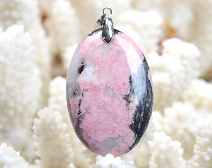 Rhodonite & Quartz 87 carats - natural stone cabochon pendant - Italy / FF68 - RARE