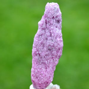 Pode incluir: Um espécime mineral rosa áspero e alongado, com uma superfície texturizada. O mineral é de um tom rosa vibrante, com uma forma ligeiramente irregular. O fundo é verde desfocado, proporcionando contraste com o mineral rosa.