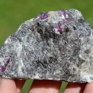 Könnte beinhalten: Nahaufnahme eines rauen, grauen Gesteins mit mehreren kleinen, dunkelrosa Rubin-Kristallen, die darin eingebettet sind.