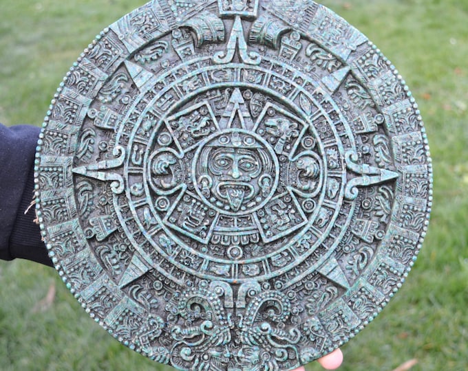 Aztec composite calendar in malachite and azurite, 30cm - Peru