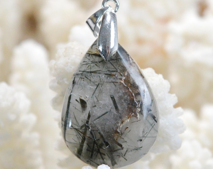 Quartz & Tourmaline verte var. Verdelite 32 carats - pendentif cabochon pierre naturelle - Minas Gerais, Brésil / FW39