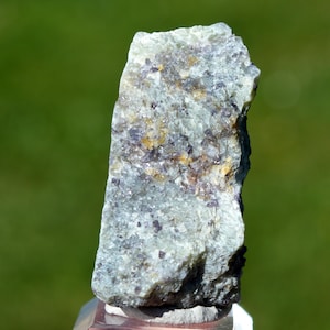 May include: A rough, vertical mineral specimen featuring a pale green, crystalline base embedded with scattered, small, dark purple and golden-yellow inclusions. The surface has a textured, uneven appearance with visible mineral grains throughout.