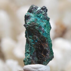 May include: A rough, dark green and black mineral specimen with a unique, irregular shape.