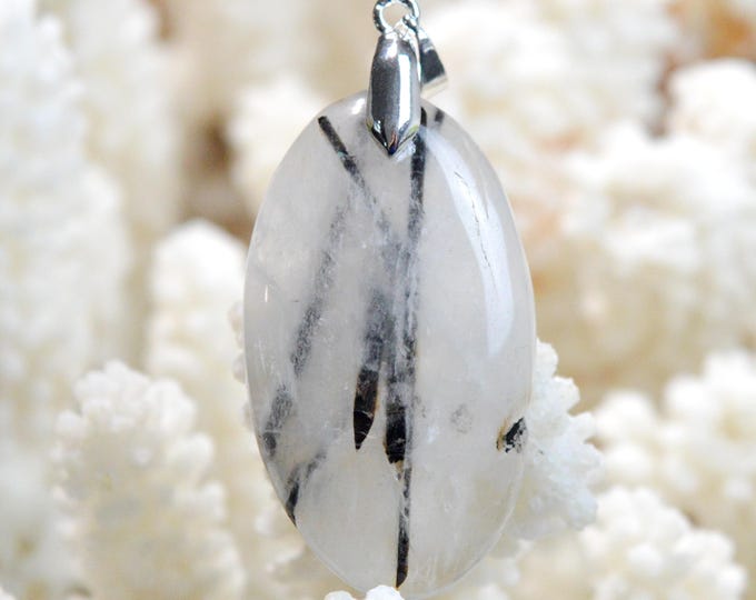 Quartz & tourmaline noire 48 carats - pendentif cabochon pierre naturelle - Pakistan / FQ29