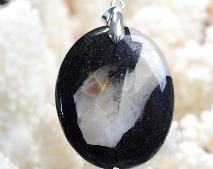 Quartz & tourmaline noire 103 carats - pendentif cabochon pierre naturelle - Brésil // CP55