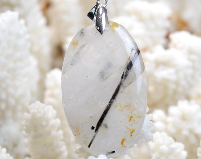 Quartz & tourmaline noire 70 carats - pendentif cabochon pierre naturelle - Pakistan / FQ22