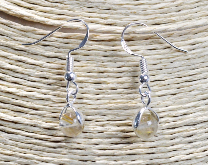 Rutilated Quartz - 6mm Pearl Drop Earrings - 925 Silver